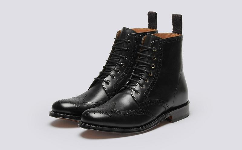 Grenson Ella Womens Brogue Boots - Black Calf Leather with a Leather Sole ET6815